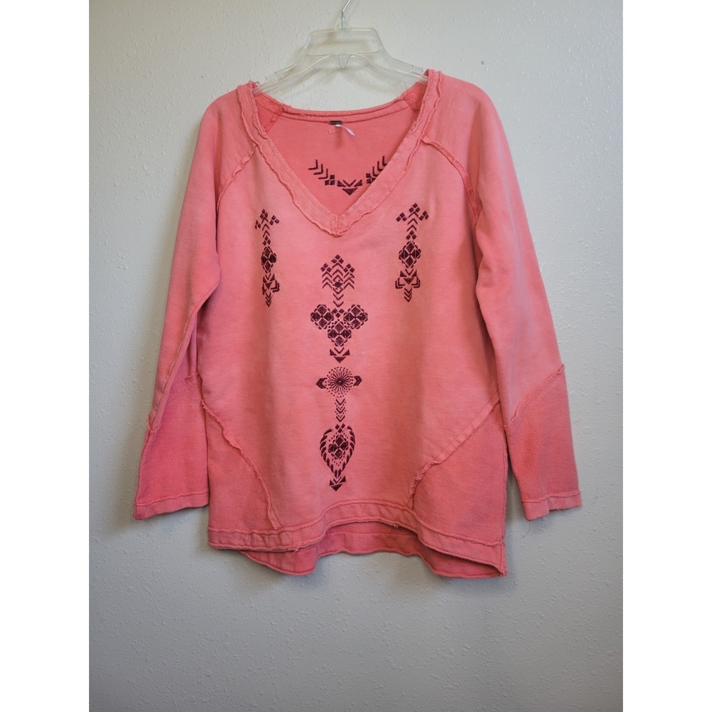 Free People Tie Dye Washed Sweatshirt Embroidered Oversized V-Neck Boho Sz S